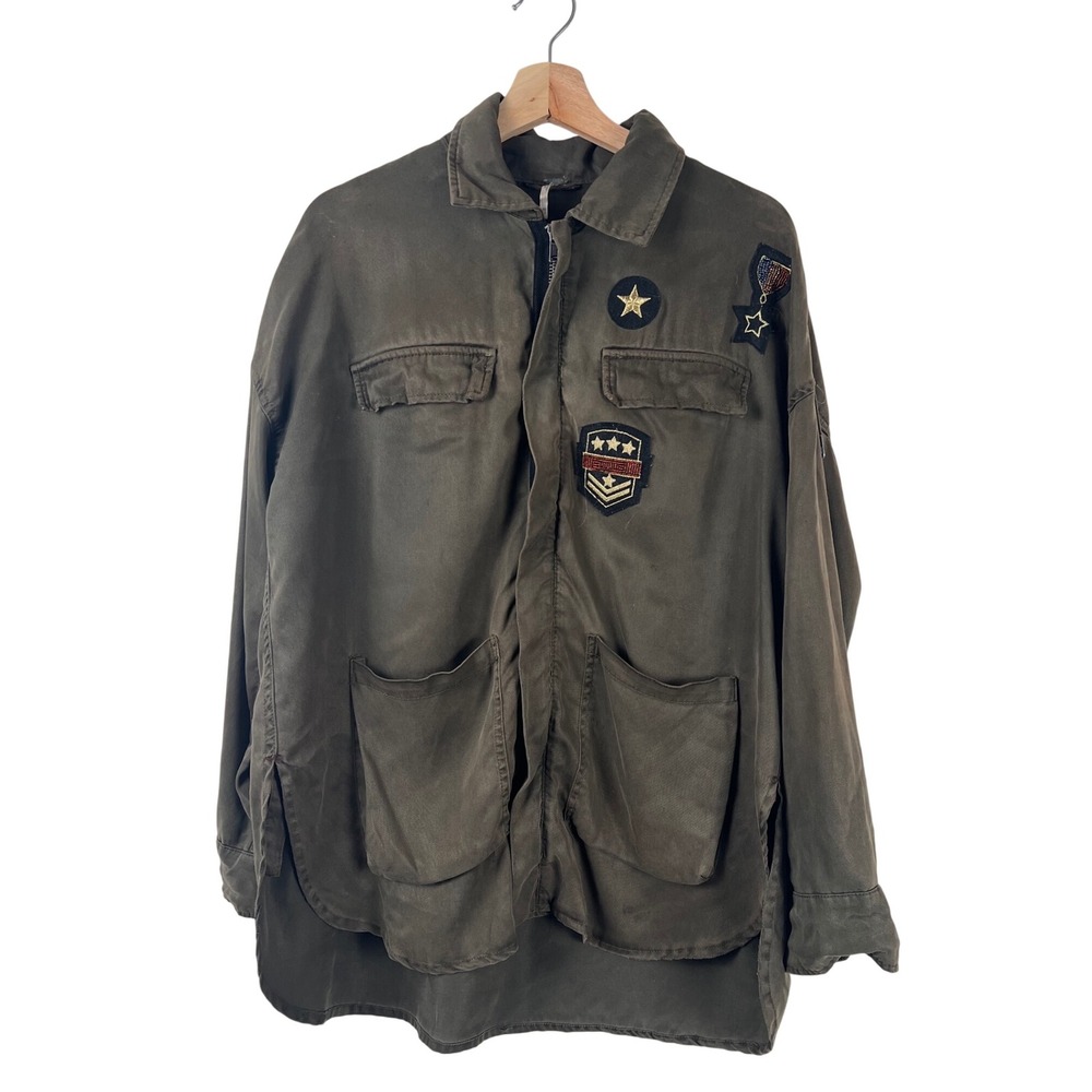Free People Military Inspired Utility‎ Jacket Patches Olive Green Oversized  XS